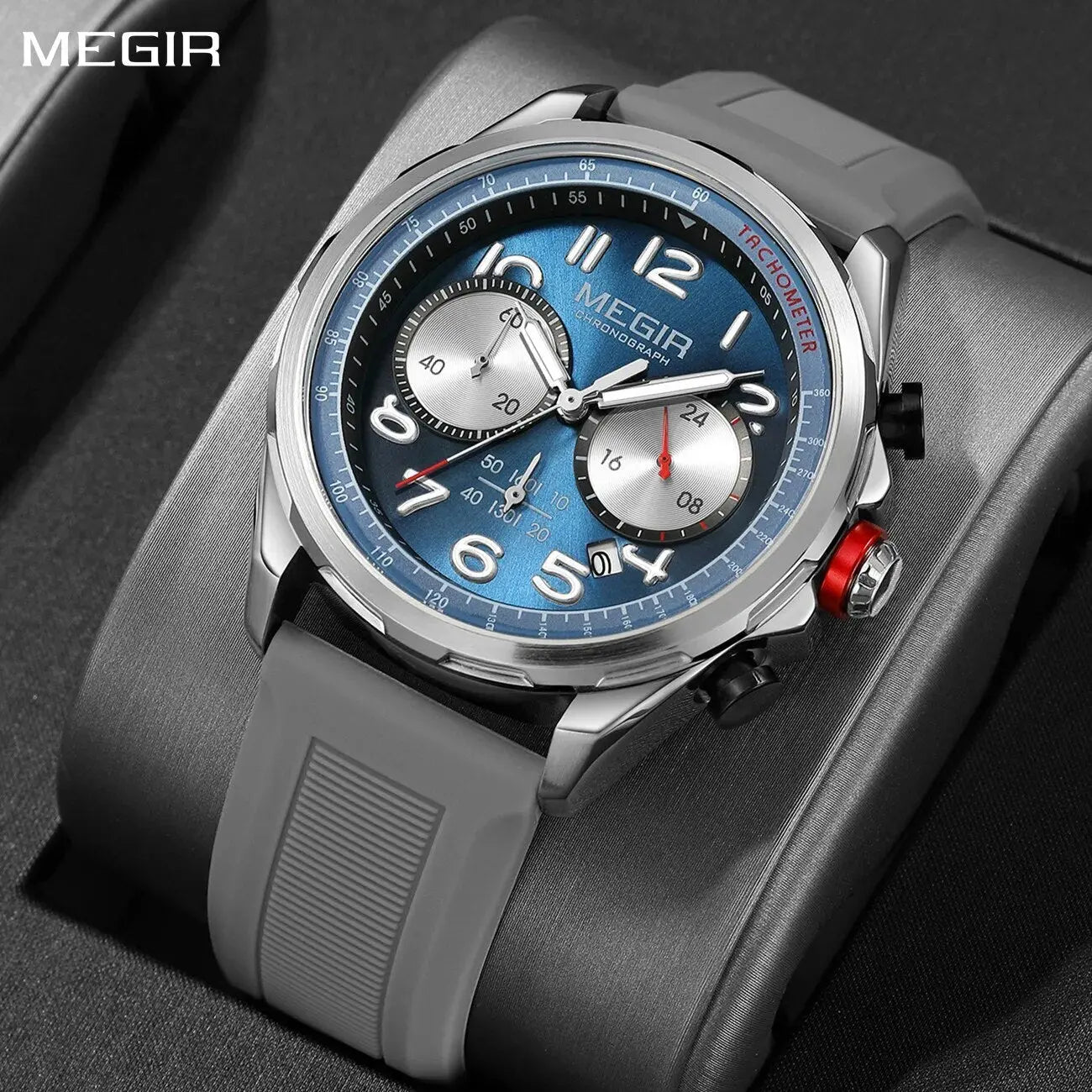 MEGIR New Men Watches Luxury Quartz Wristwatch Gray Waterproof Military Sports Chronograph Silicone Strap Clock Montre Homme-0