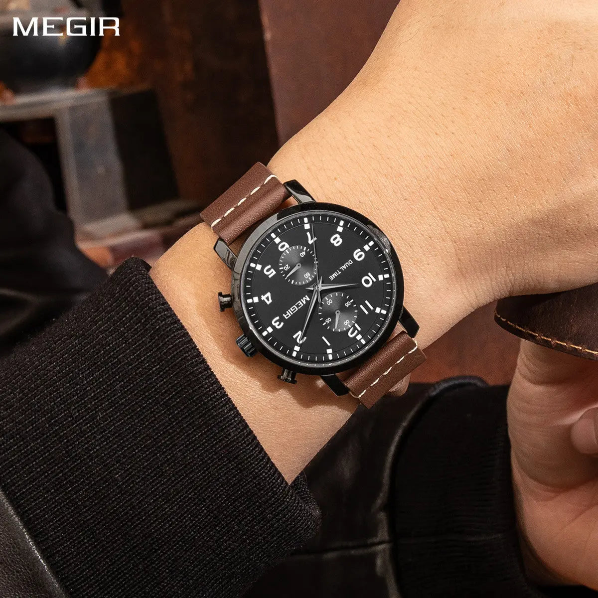 MEGIR Stainless Steel Men's Business Watches Luxury Quartz Sports Casual Watches Leather Wristwatch Male Clock Montre Homme-0