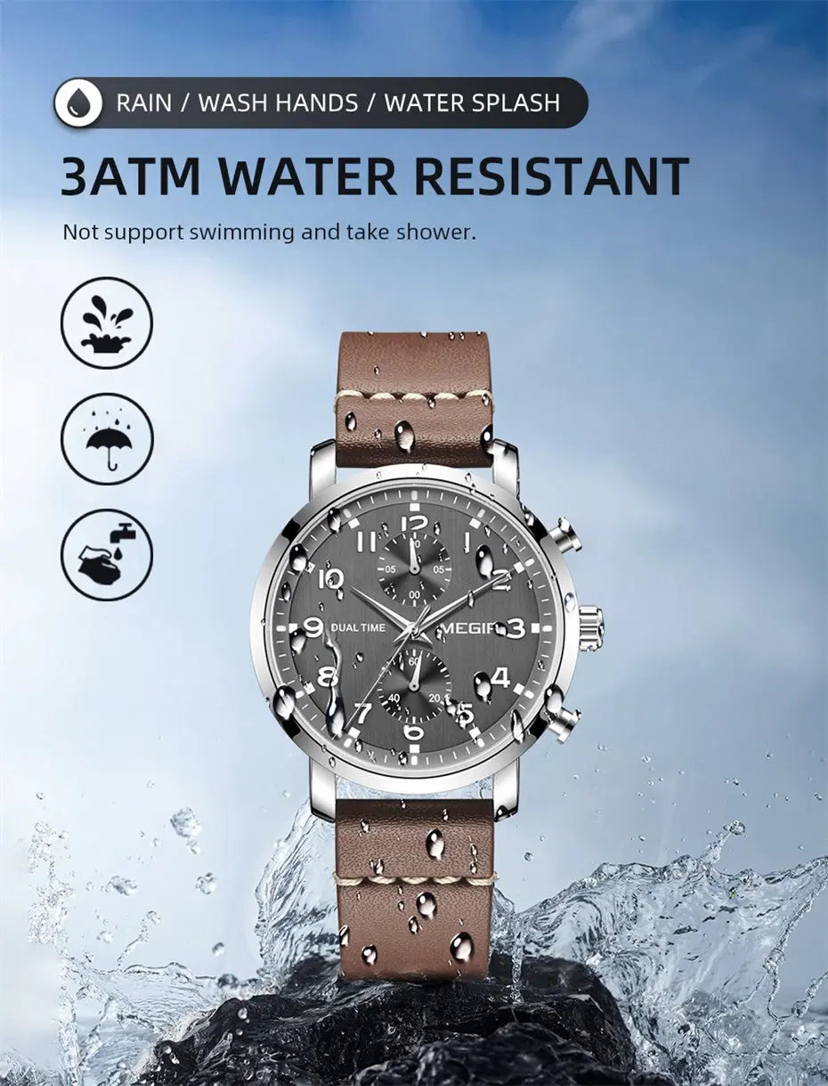 MEGIR Stainless Steel Men's Business Watches Luxury Quartz Sports Casual Watches Leather Wristwatch Male Clock Montre Homme-9