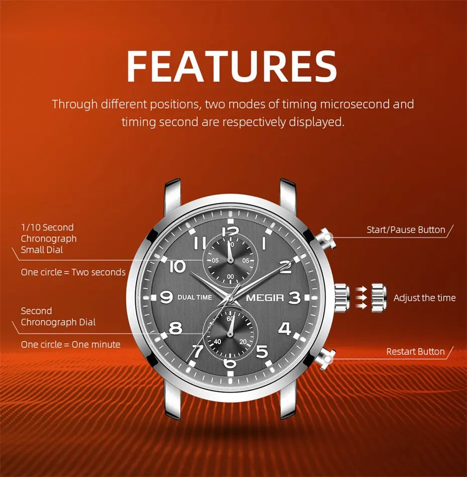 MEGIR Stainless Steel Men's Business Watches Luxury Quartz Sports Casual Watches Leather Wristwatch Male Clock Montre Homme-10