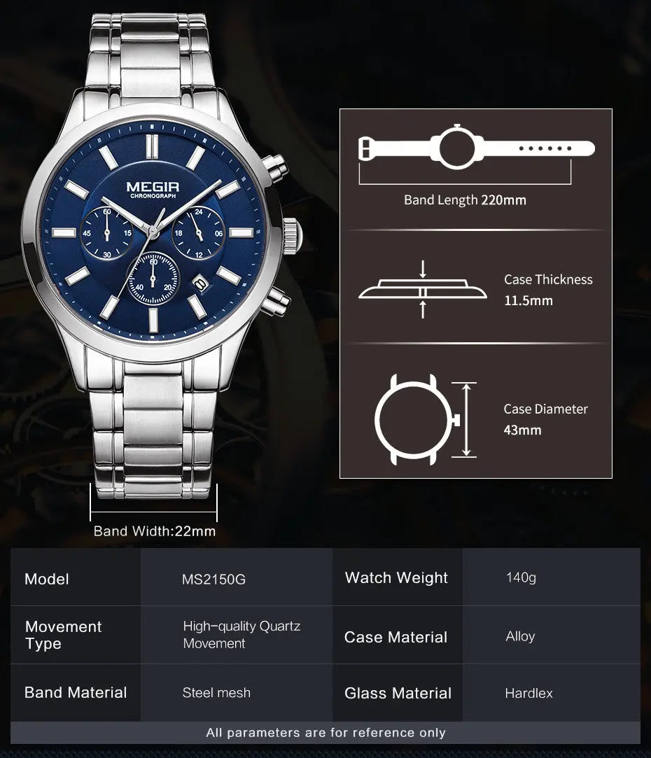 MEGIR Stainless Steel Waterproof Wrist Watches for Men Luminous Chronograph Business Quartz Men's Casual Clock Reloj Hombre-8