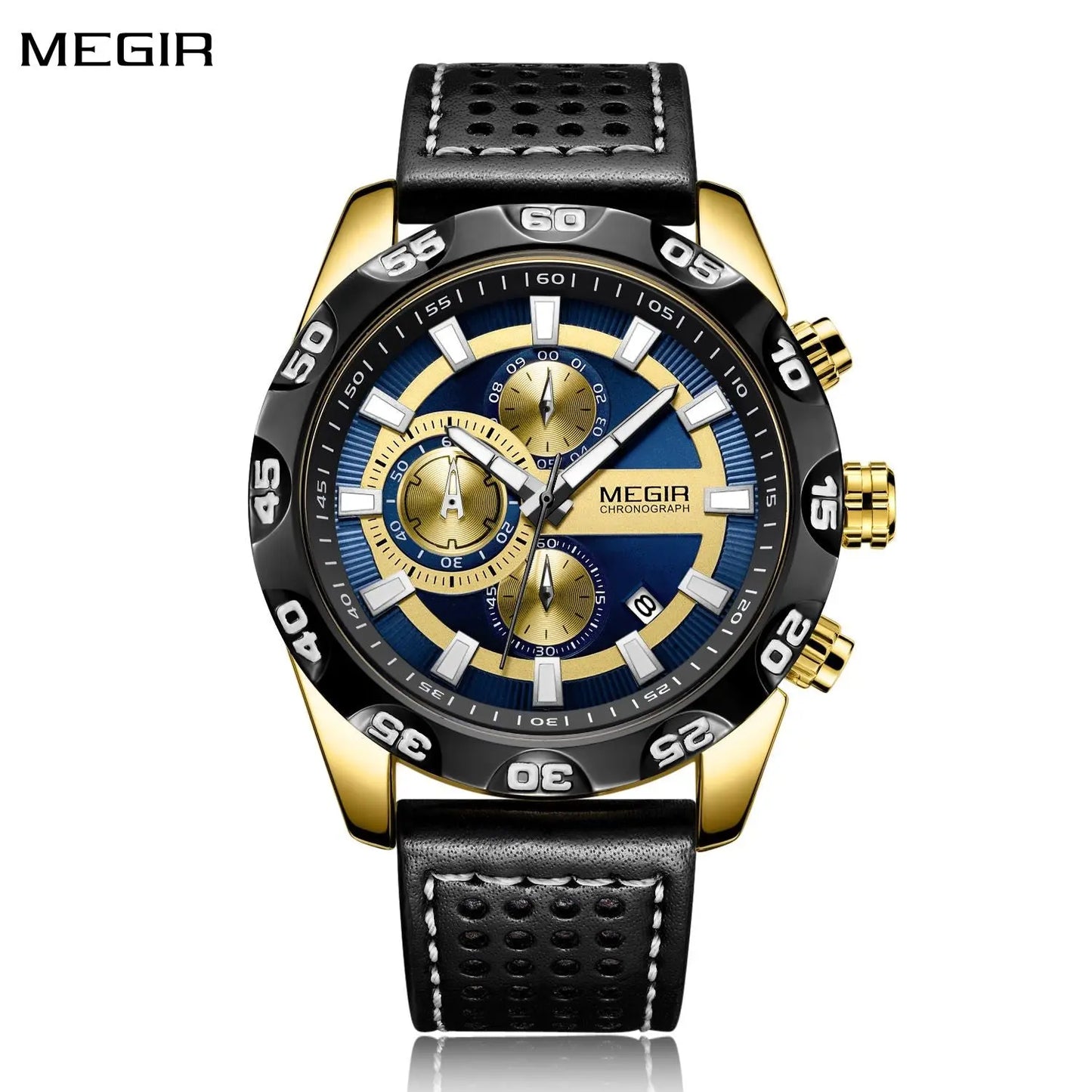 MEGIR Watches Mens Luxury Sports Military Watch Waterproof Luminous Quartz Wrist Watch Leather Casual Man Chronograph Clock-0