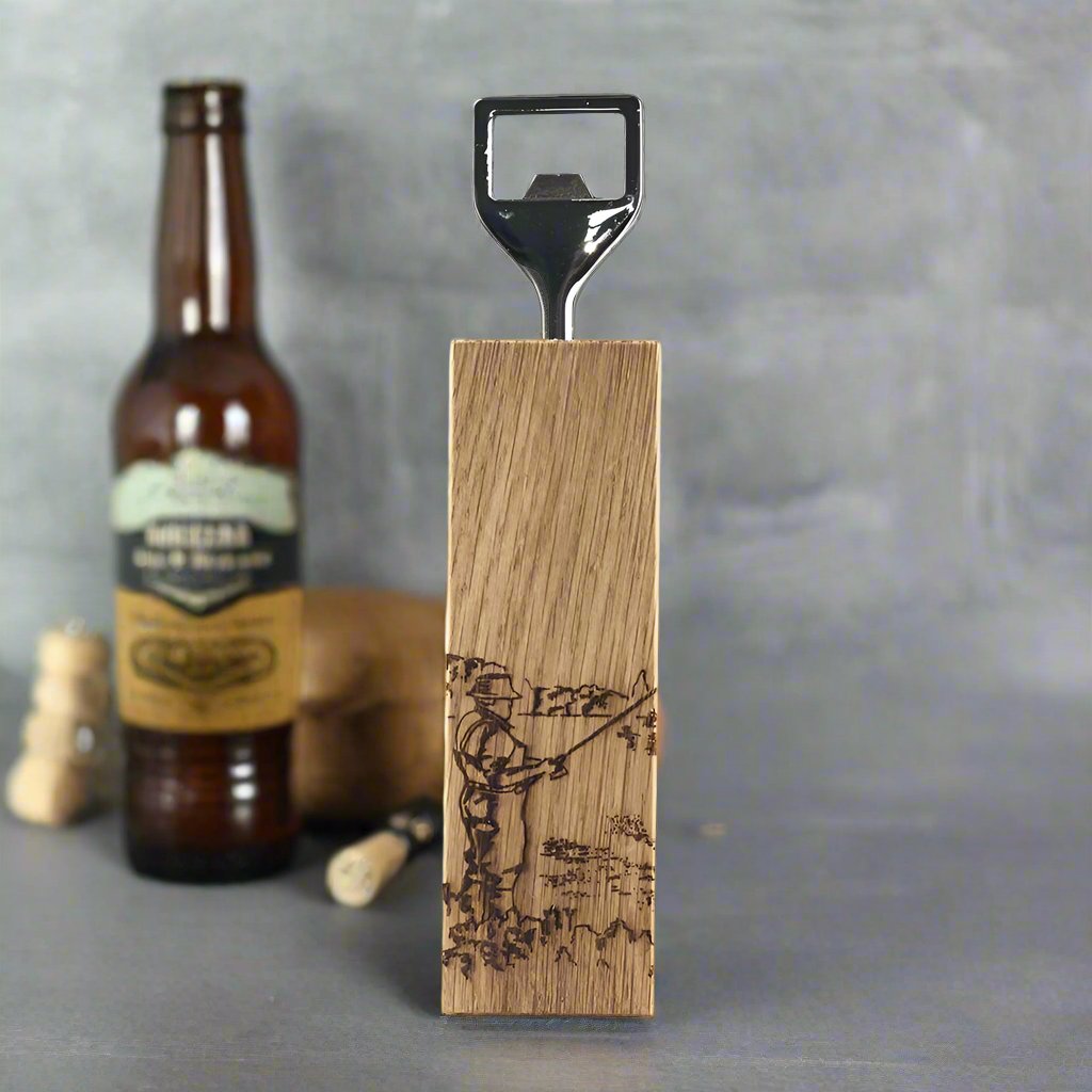 Memoriex Handcrafted Scottish Oak Bottle Opener - Fishing Design