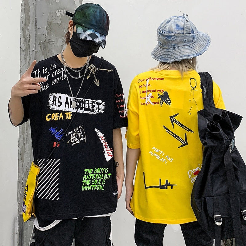 Men Hip Hop Graffiti T Shirt Harajuku Streetwear Tshirt Summer Short Sleeve Fashion Cotton Tops Tees New Skateboard T-Shirt-4