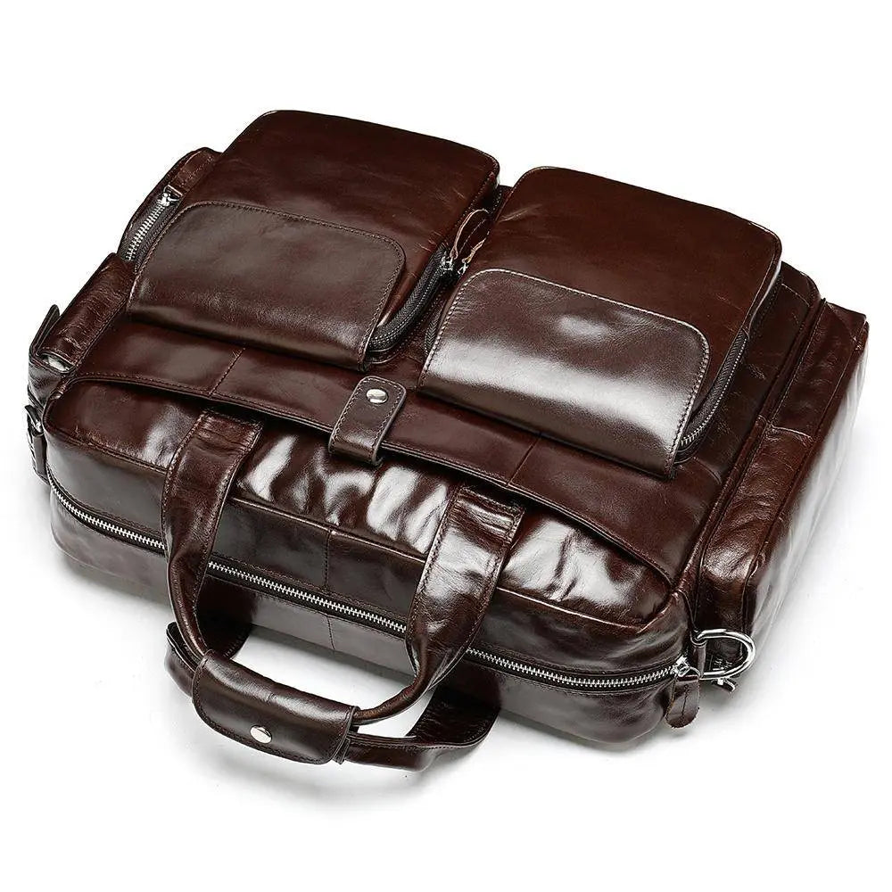 Men's Leather Briefcase Messenger Bag 14 Inch Laptop Shoulder Bag Large Volumn Business Briefcase With Trolley Belt-4