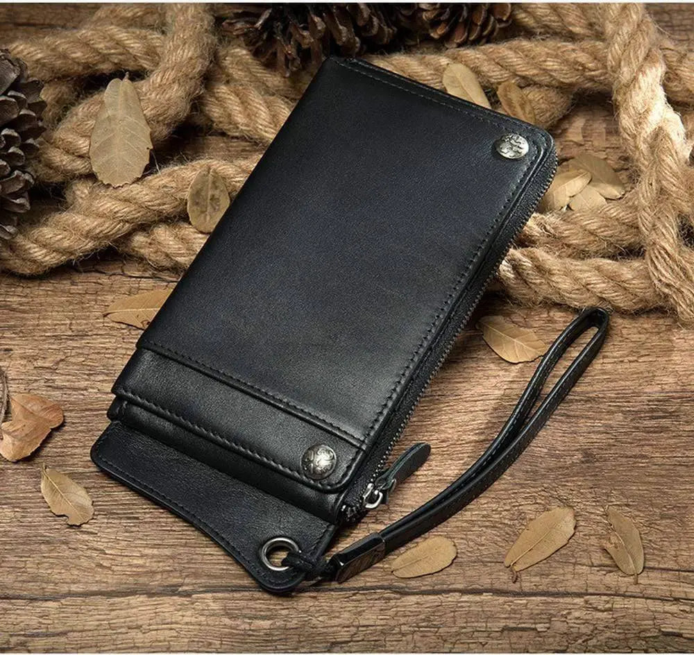 Men's Long Wallet Zipper Mobile Phone Bag Soft Leather Business Casual  Strap Bag-0