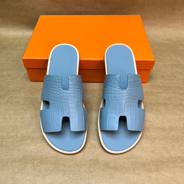 Men's Slippers , Crocodile Skin Leather Slippers-1
