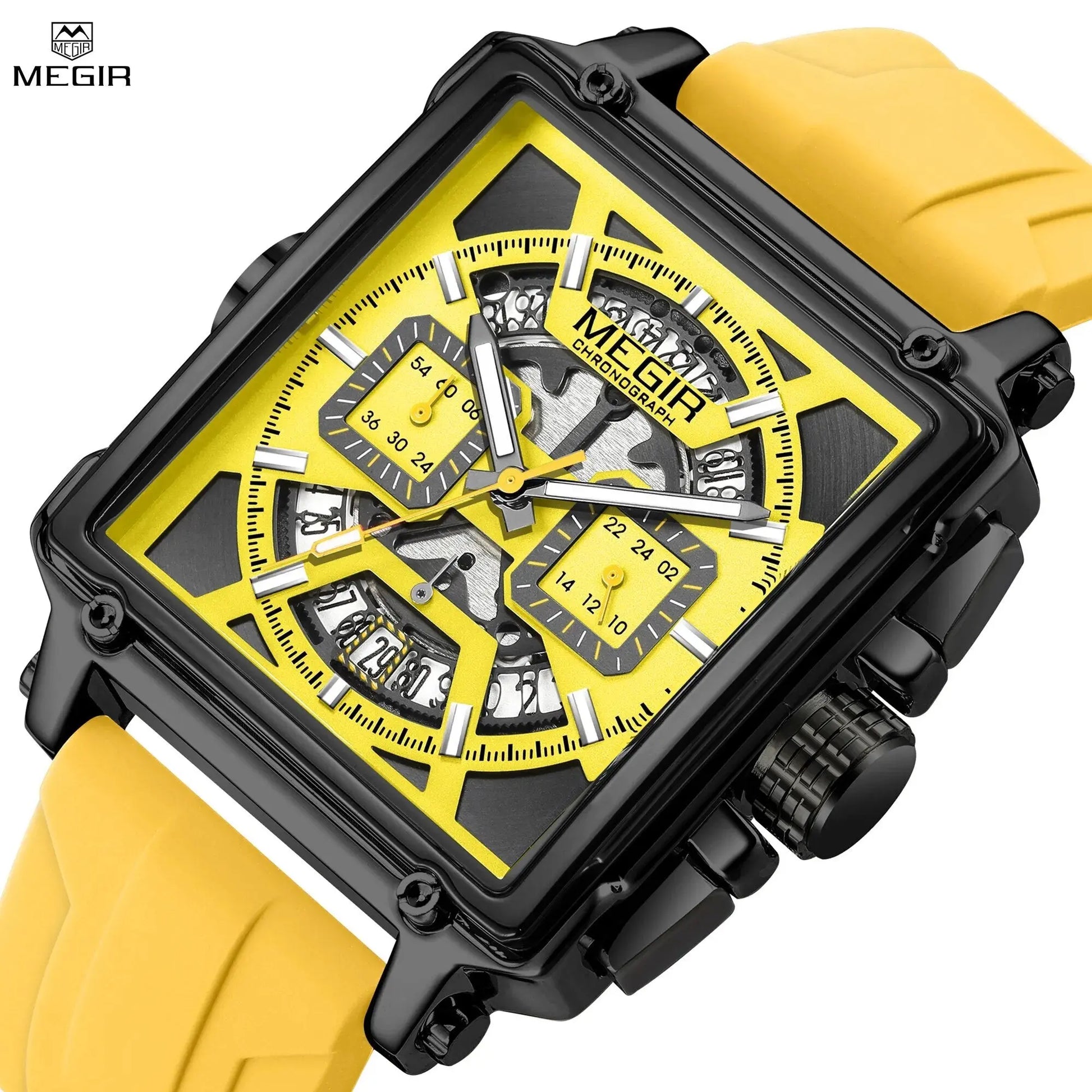 MEGIR Top Brand Men Watches Fashion Sport Military Chronograph Luminous Square Silicone Band Quartz Wristwatch Relogio Masculino-0