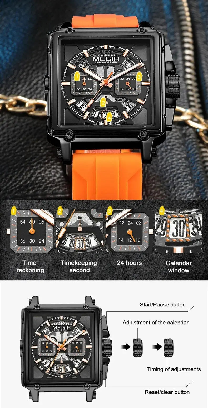 MEGIR Top Brand Men Watches Fashion Sport Military Chronograph Luminous Square Silicone Band Quartz Wristwatch Relogio Masculino-7