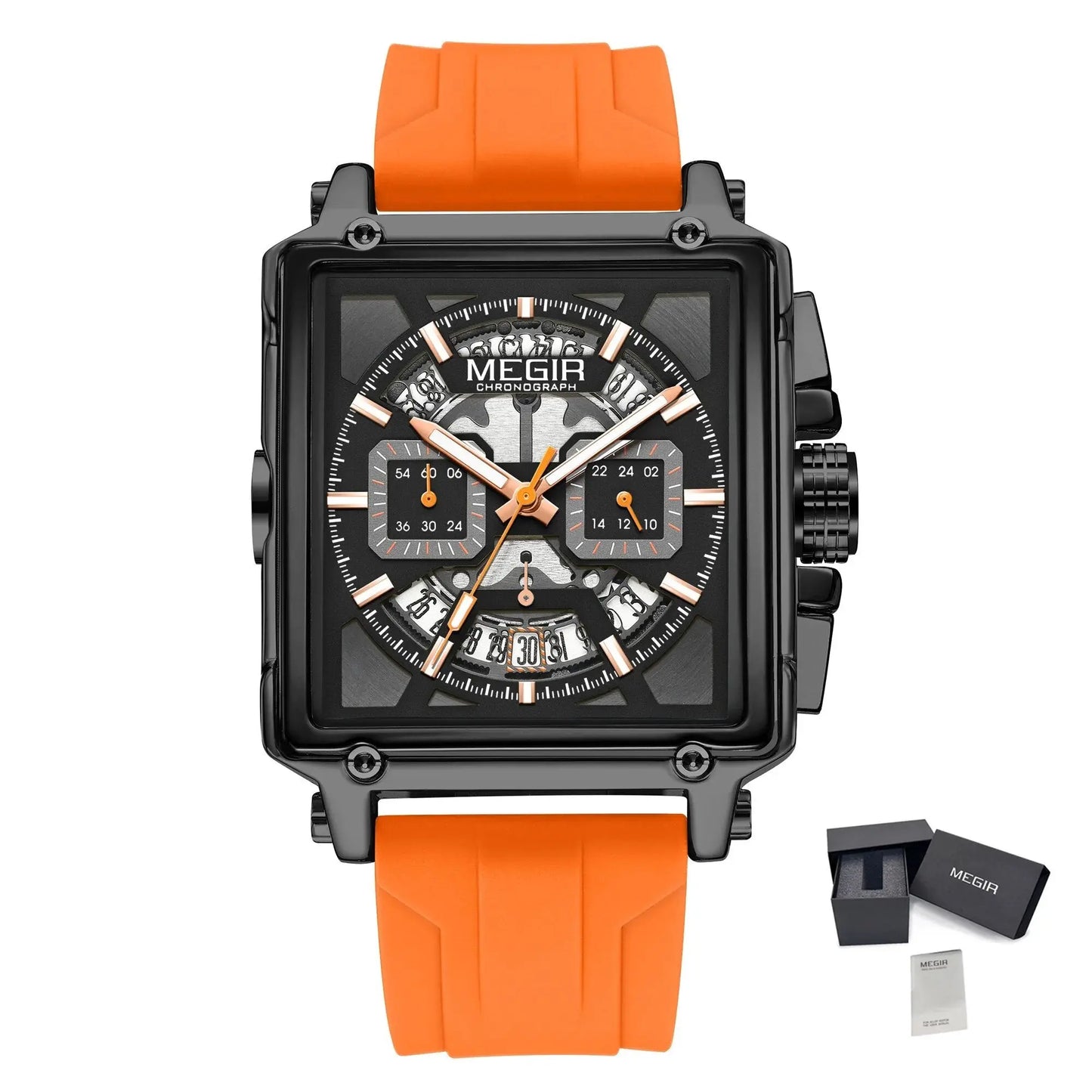 MEGIR Top Brand Men Watches Fashion Sport Military Chronograph Luminous Square Silicone Band Quartz Wristwatch Relogio Masculino-13