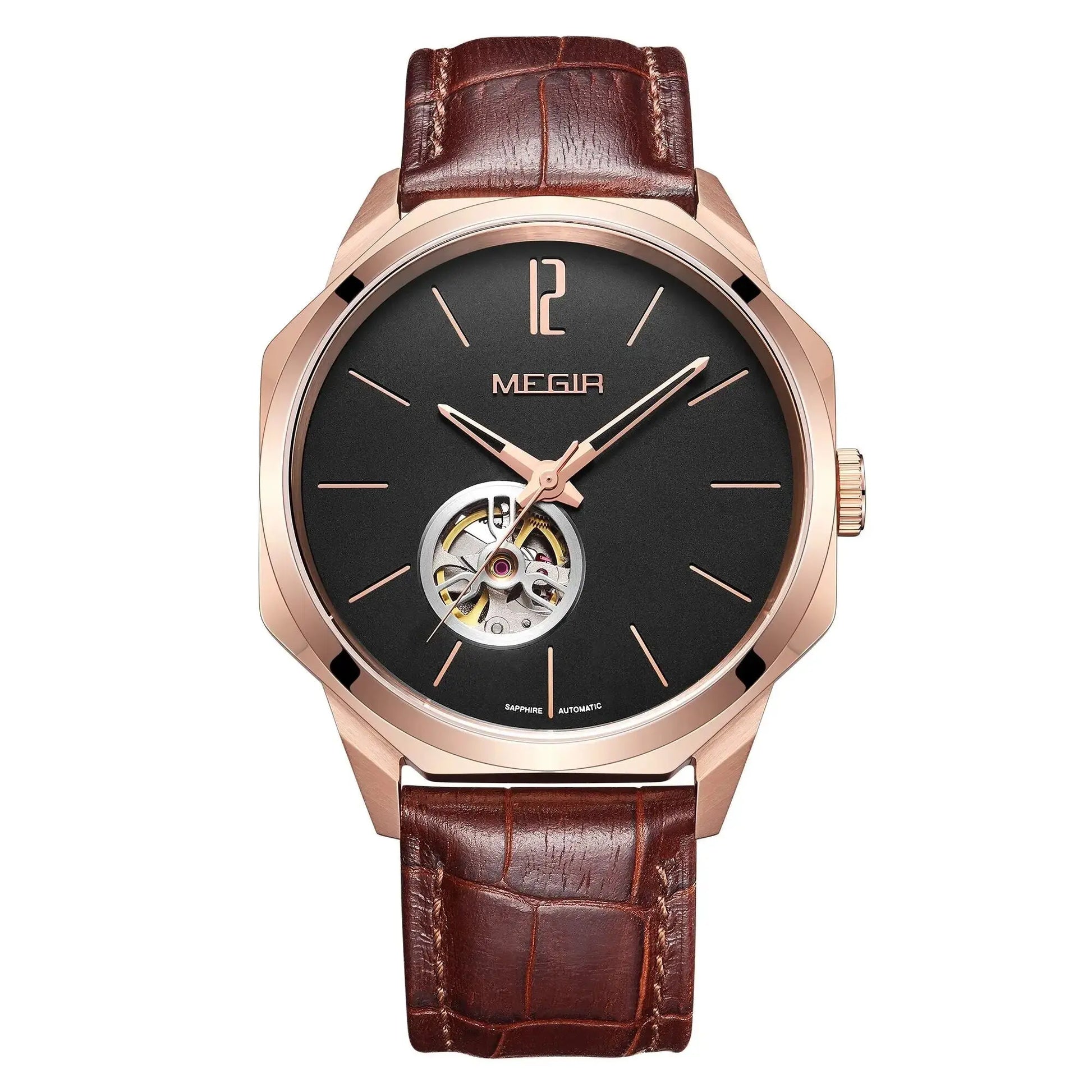 MEGIR Retro Men's Wristwatch Luxury Automatic Mechanical Watches Leather Strap Sapphire 5ATM Waterproof Watch Relogio Masculino-1