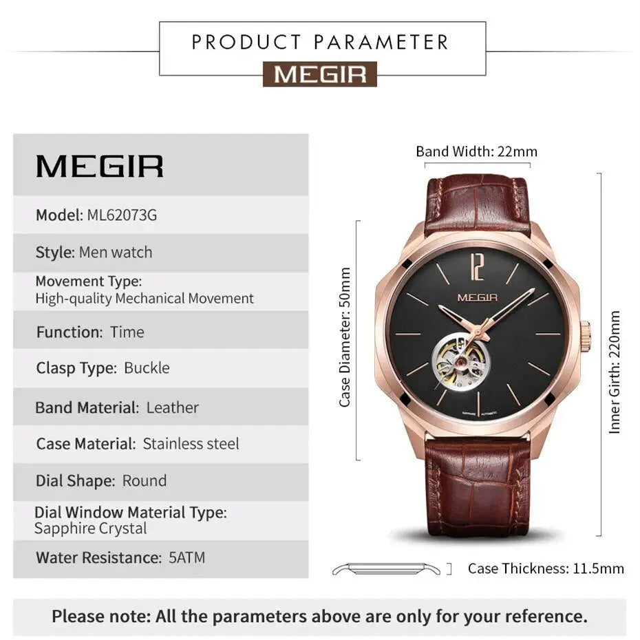 MEGIR Retro Men's Wristwatch Luxury Automatic Mechanical Watches Leather Strap Sapphire 5ATM Waterproof Watch Relogio Masculino-4