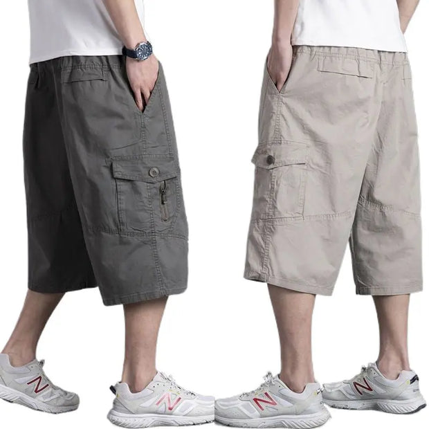 Men's loose casual shorts with cropped pants solid color middle-aged and elderly work pants - Memoriex 