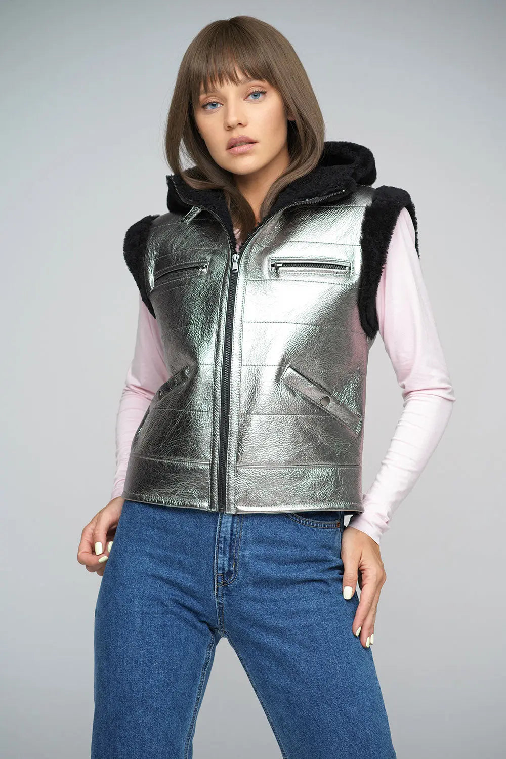 Metallic Silver Merino Shearling Hooded Vest-2