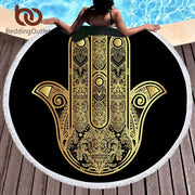 Microfiber Round Beach Towel for Adults Summer Toalla Tassel Yoga Mat Hamsa Hand Printed Serviette De Plage 150cm - Memoriex 