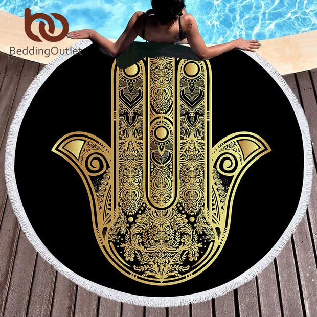 Microfiber Round Beach Towel for Adults Summer Toalla Tassel Yoga Mat Hamsa Hand Printed Serviette De Plage 150cm - Memoriex 