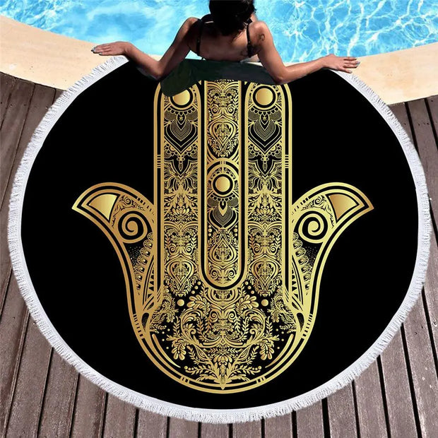 Microfiber Round Beach Towel for Adults Summer Toalla Tassel Yoga Mat Hamsa Hand Printed Serviette De Plage 150cm - Memoriex 