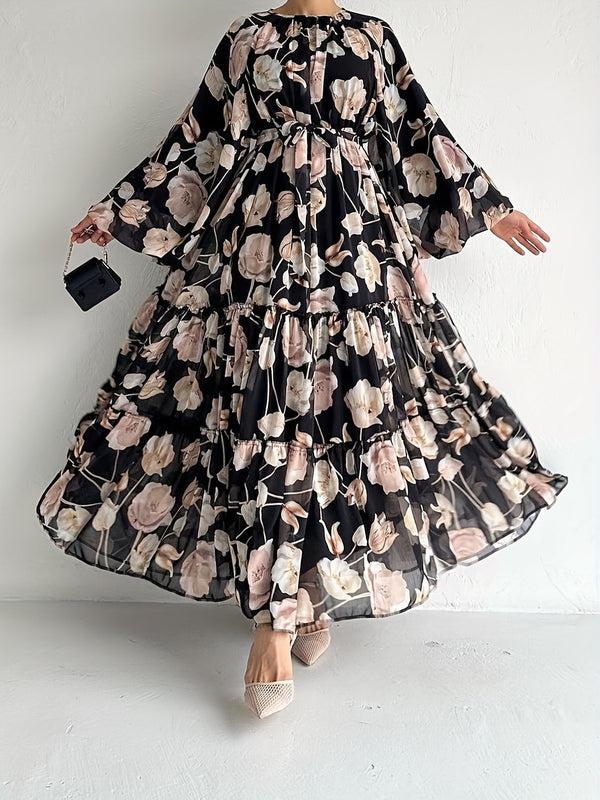 Middle East Chiffon Flower Print Long Fashion Elegant Dress - Memoriex 
