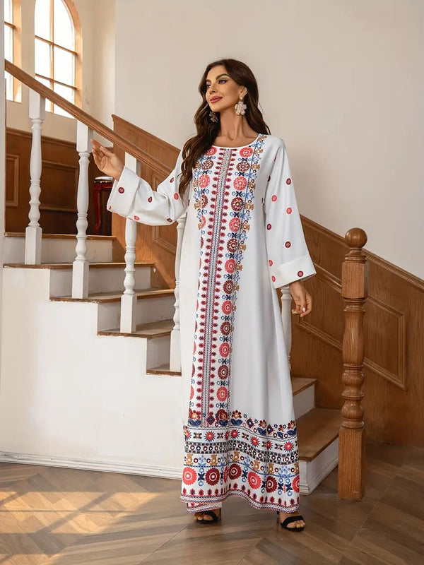 Middle Eastern Muslim Women's Rhinestone Bead Decorative Print And Rolled Up Sleeve Dress - Memoriex 