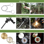 Military-grade outdoor travel survival kit with mini camping tools, emergency bracelet, whistle, blanket and knife. - Memoriex 