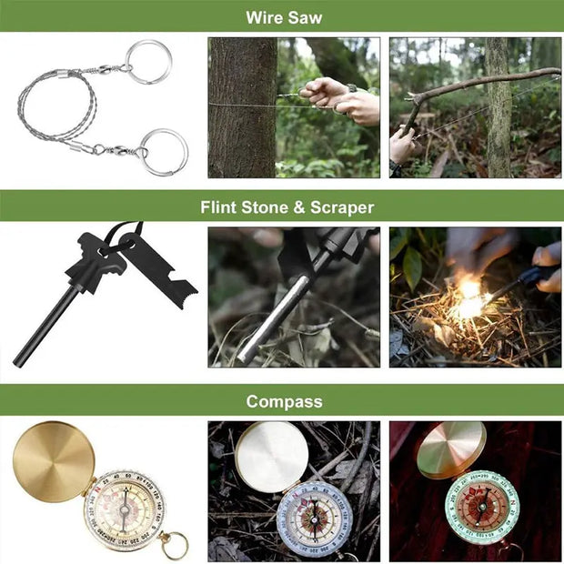 Military-grade outdoor travel survival kit with mini camping tools, emergency bracelet, whistle, blanket and knife. - Memoriex 