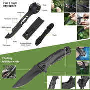 Military-grade outdoor travel survival kit with mini camping tools, emergency bracelet, whistle, blanket and knife. - Memoriex 