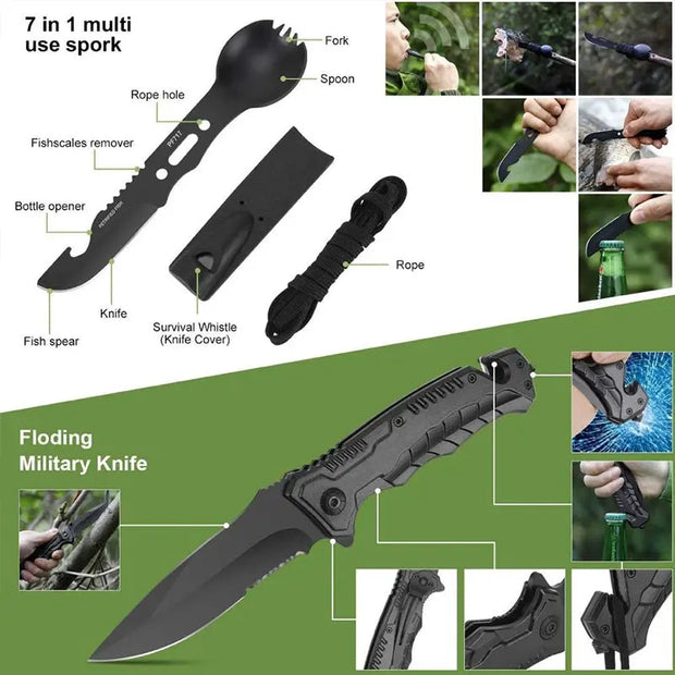 Military-grade outdoor travel survival kit with mini camping tools, emergency bracelet, whistle, blanket and knife. - Memoriex 