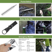 Military-grade outdoor travel survival kit with mini camping tools, emergency bracelet, whistle, blanket and knife. - Memoriex 