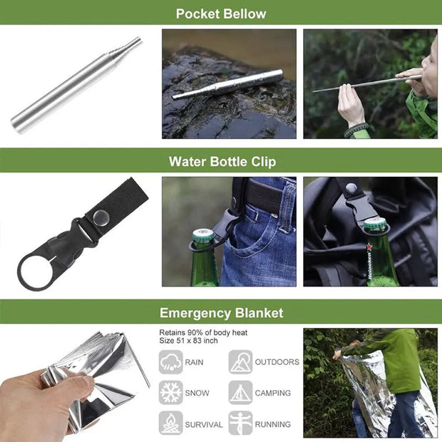 Military-grade outdoor travel survival kit with mini camping tools, emergency bracelet, whistle, blanket and knife. - Memoriex 