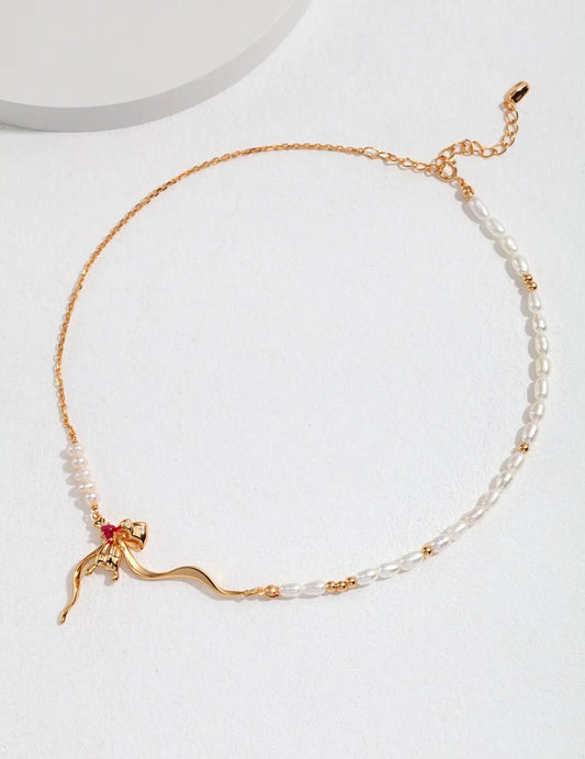 Minimalist Bow Pearl Necklace-0