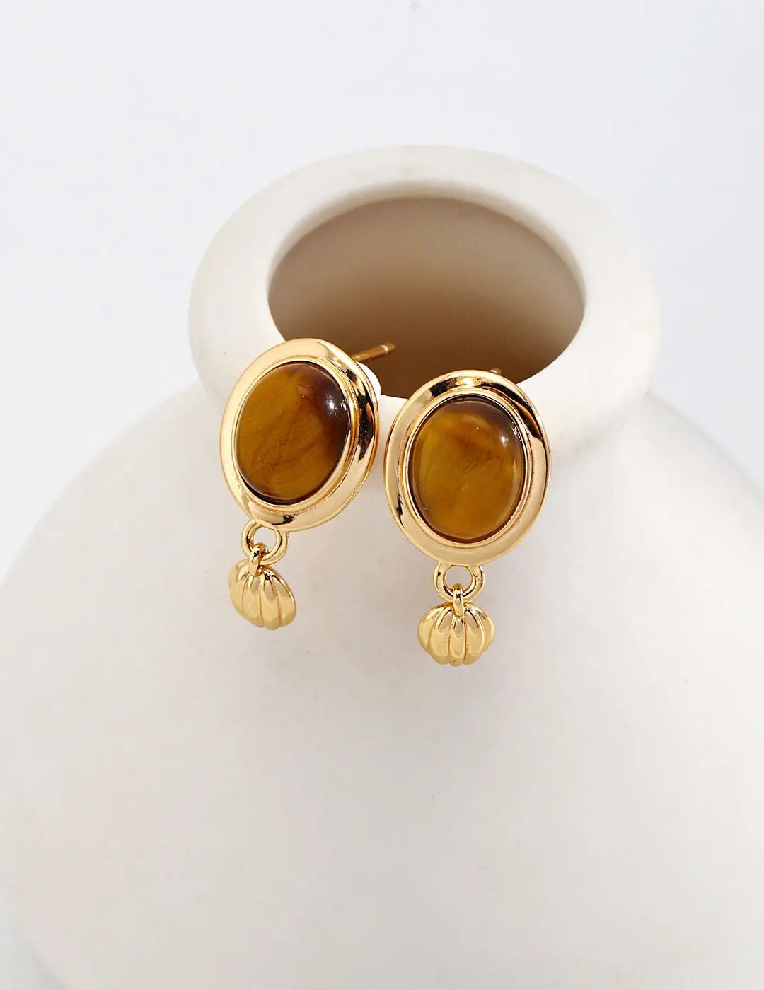 Minimalist Oval Tiger Eye Stone Pendant Earrings-0