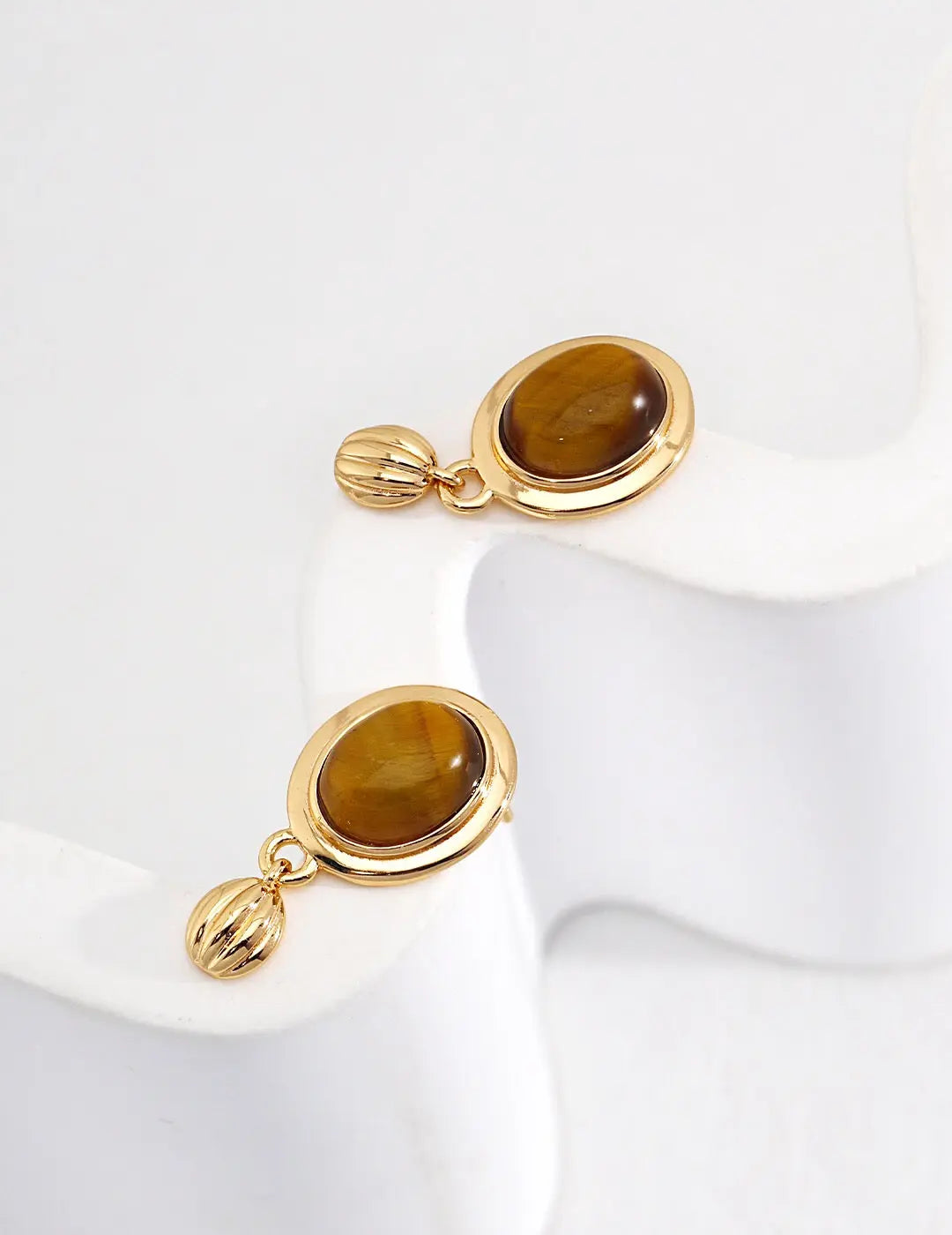 Minimalist Oval Tiger Eye Stone Pendant Earrings-1