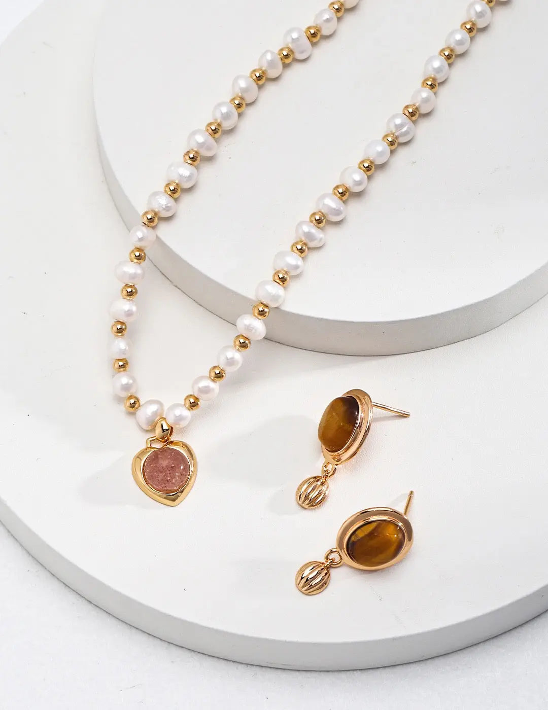 Minimalist Oval Tiger Eye Stone Pendant Earrings-2