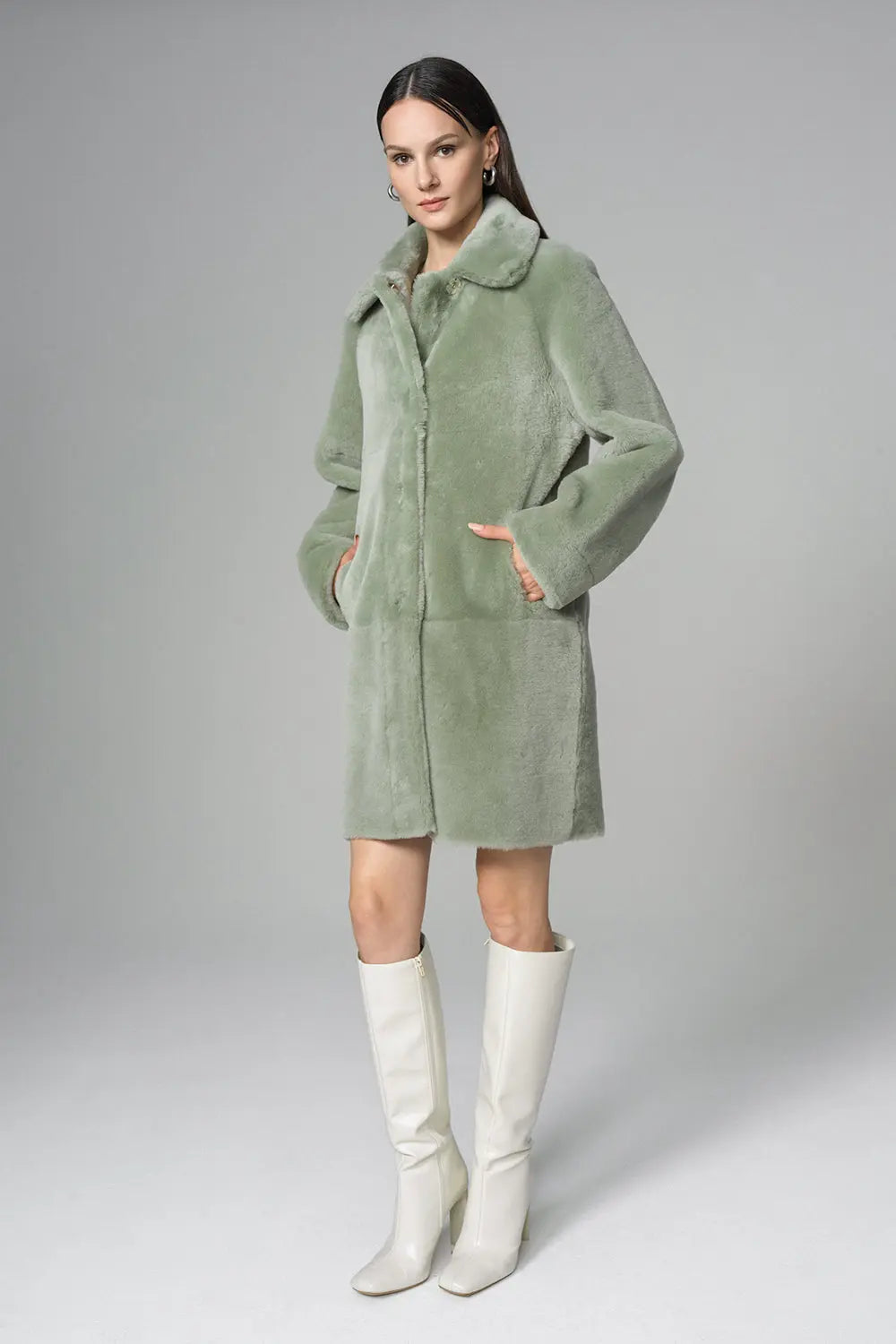 Mint Reversible Genuine Merino Wool Sheepskin Midi Coat-6