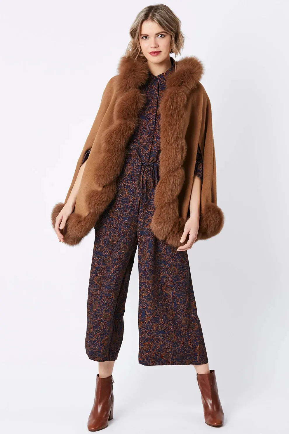 Mocha Cashmere Hooded and Fox Fur Cape Coat-0