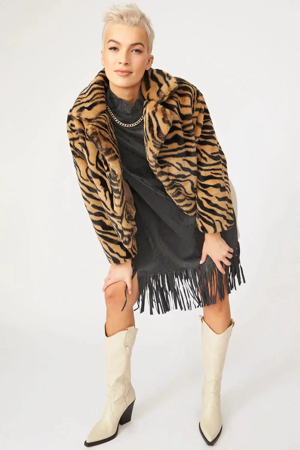 Mocha Faux Fur Cropped Tiger Print Jacket-1