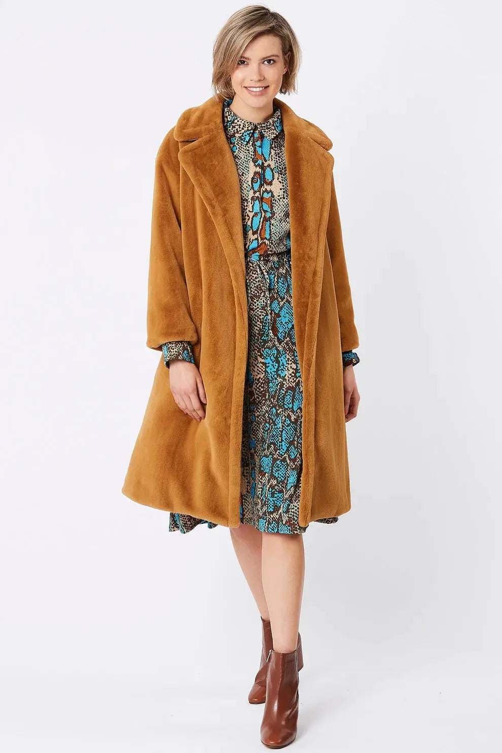 Mocha Faux Fur Midi Shaved Shearling Coat-0