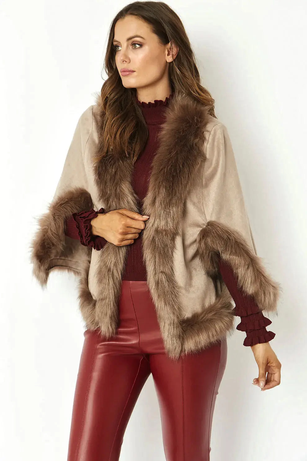 Mocha Faux Fur Suede Cape Jacket-0