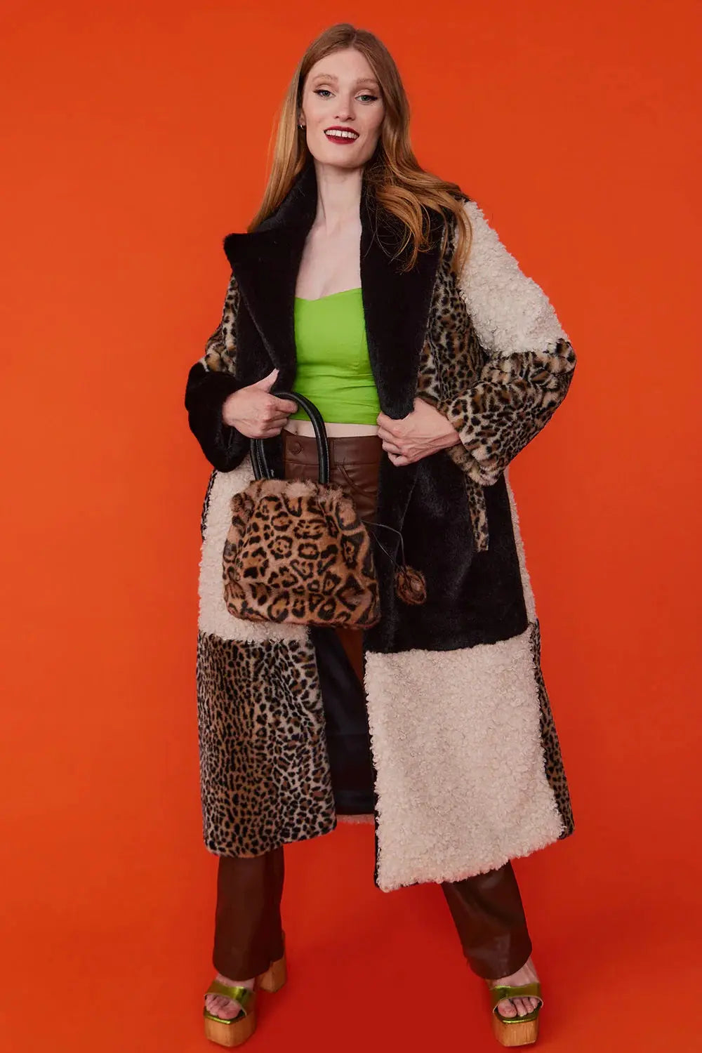 Mocha Faux Fur and Faux Shearling Maxi Coat - Memoriex 