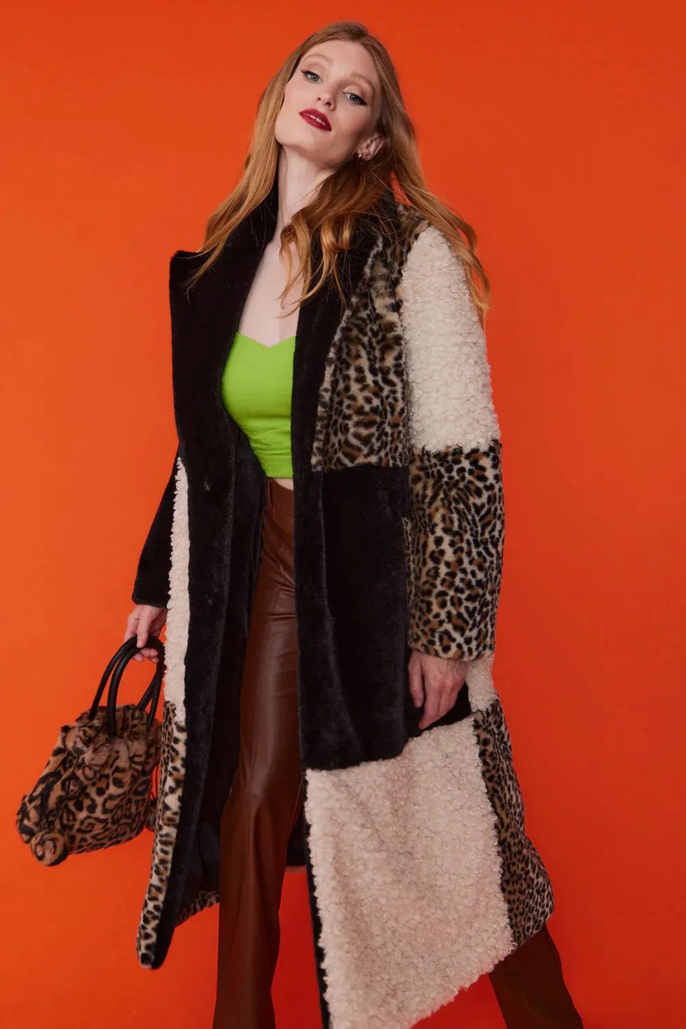 Mocha Faux Fur and Faux Shearling Maxi Coat - Memoriex 