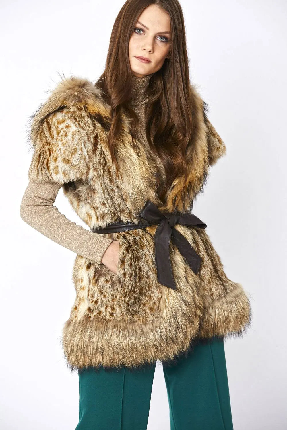 Mocha Leopard Print Hand-painted Hooded Fox & Coney Fur Coat-0