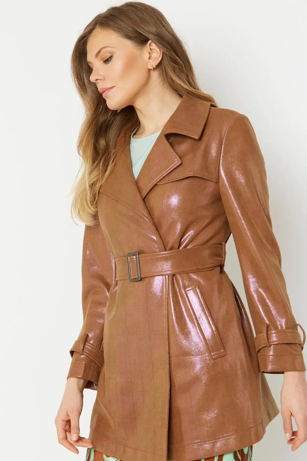 Mocha Metallic Faux Suede Trench Coat-2