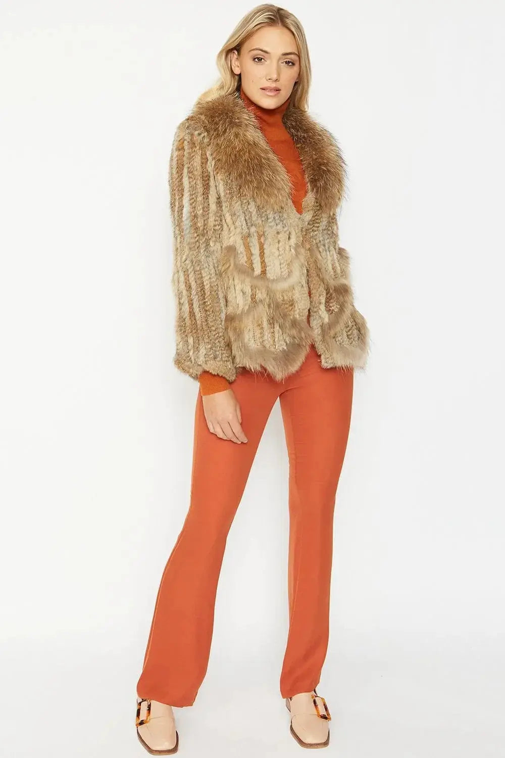 Mocha Scalloped Coney Fur Jacket With Fox Fur Collar - Memoriex