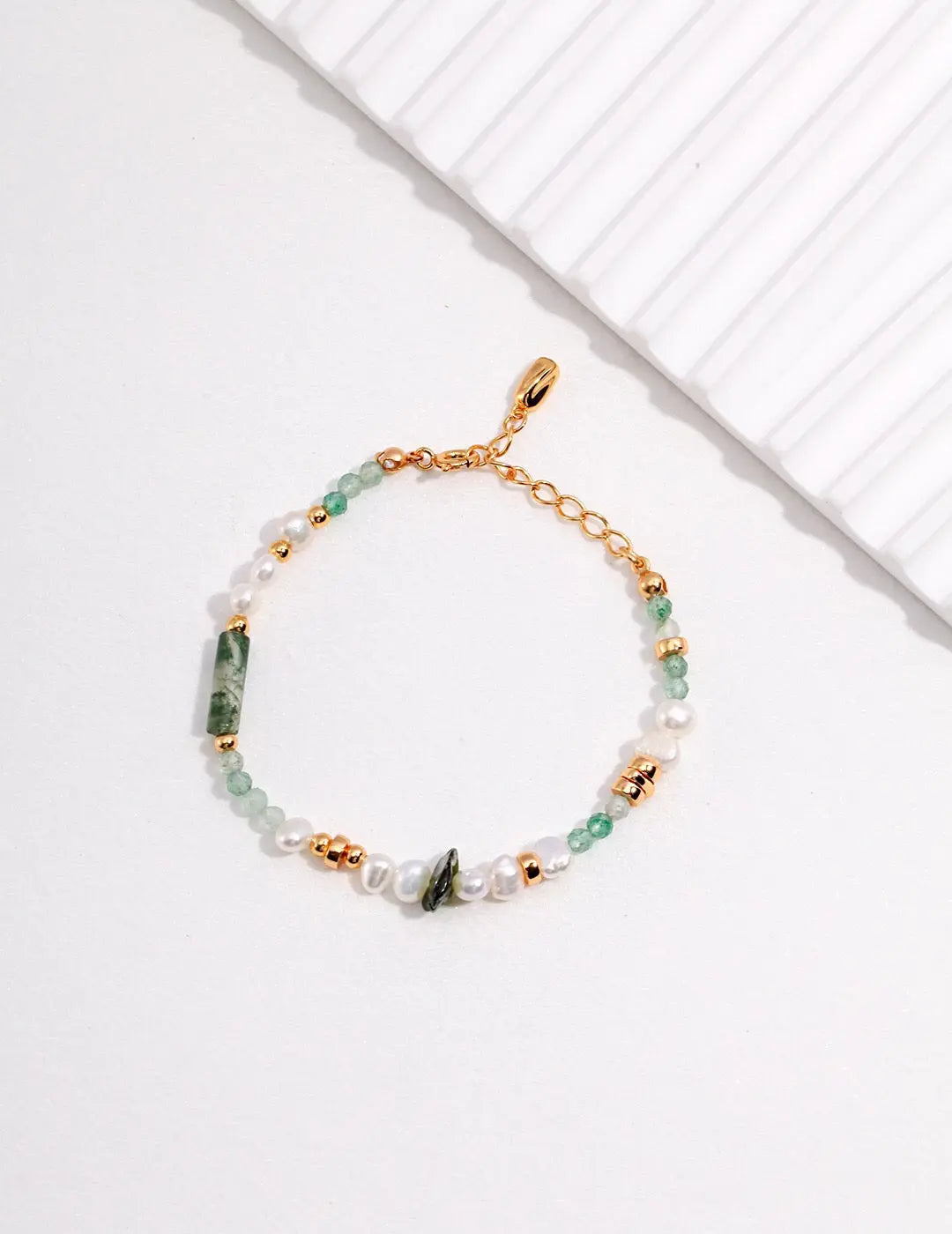 Moss Agate & Green Strawberry Quartz Pearl Bracelet - Memoriex