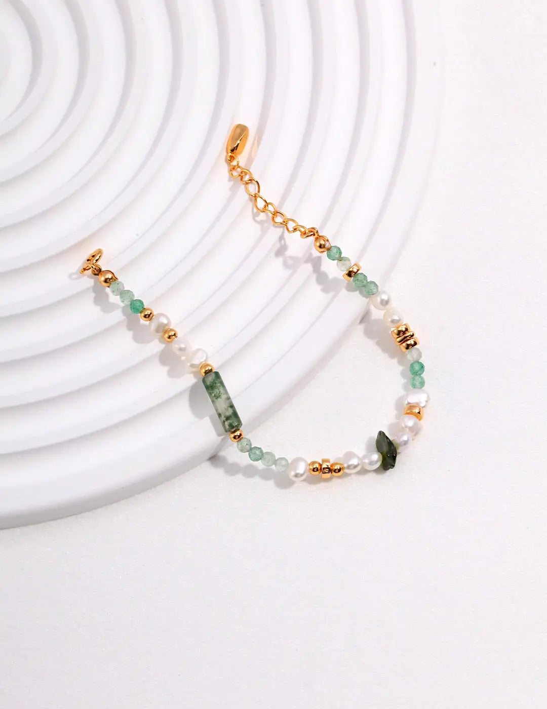 Moss Agate & Green Strawberry Quartz Pearl Bracelet - Memoriex