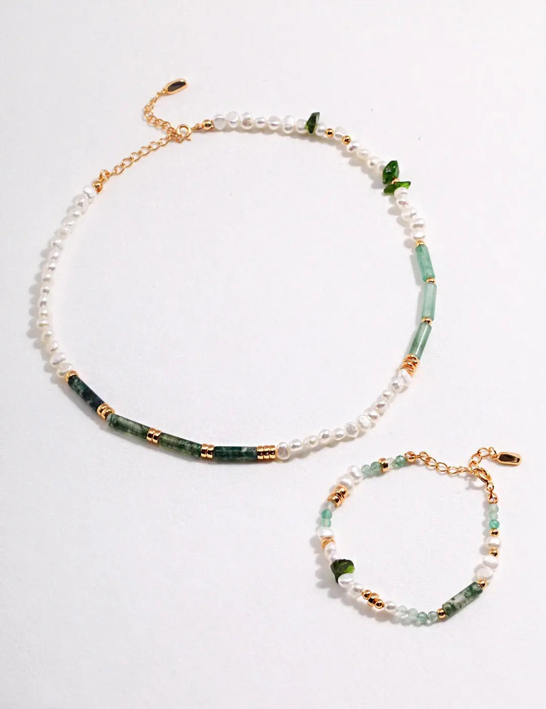 Moss Agate & Green Strawberry Quartz Pearl Bracelet - Memoriex