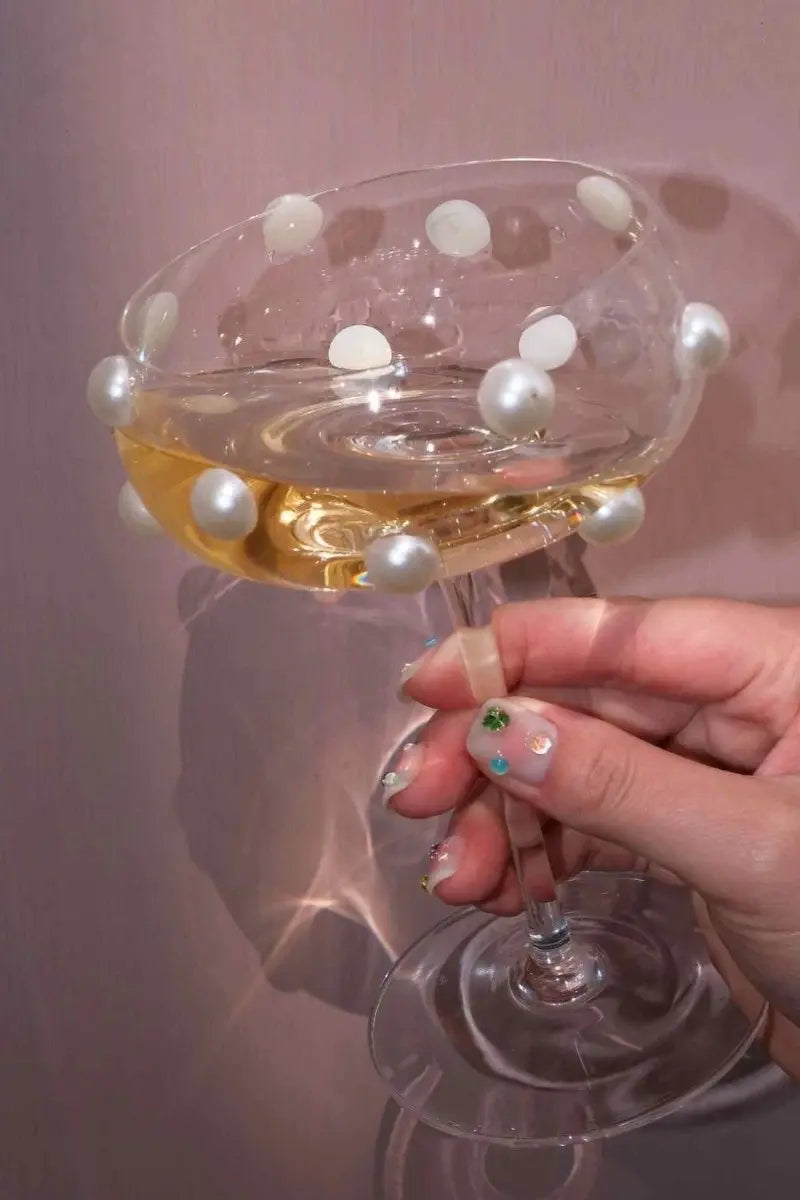 Mouth Blown Elegant Pearl Wine Glass, Retro Eclectic Cocktail Champagne Coupes-5