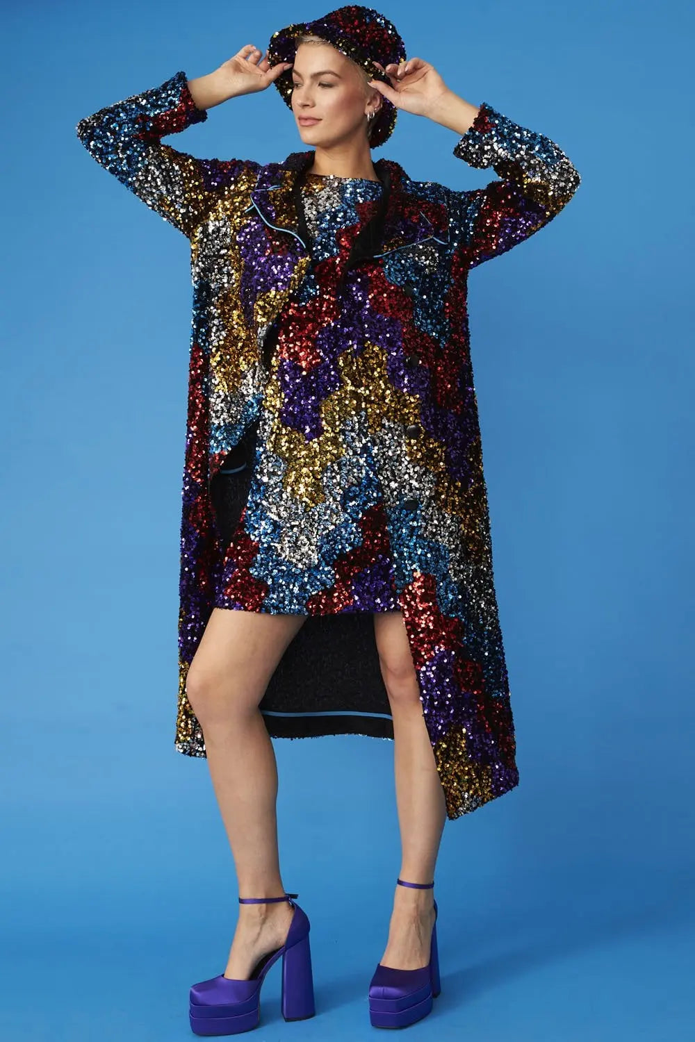 Multi Coloured Sequin Trench Coat with Removable Blue Faux Fur Collar-3