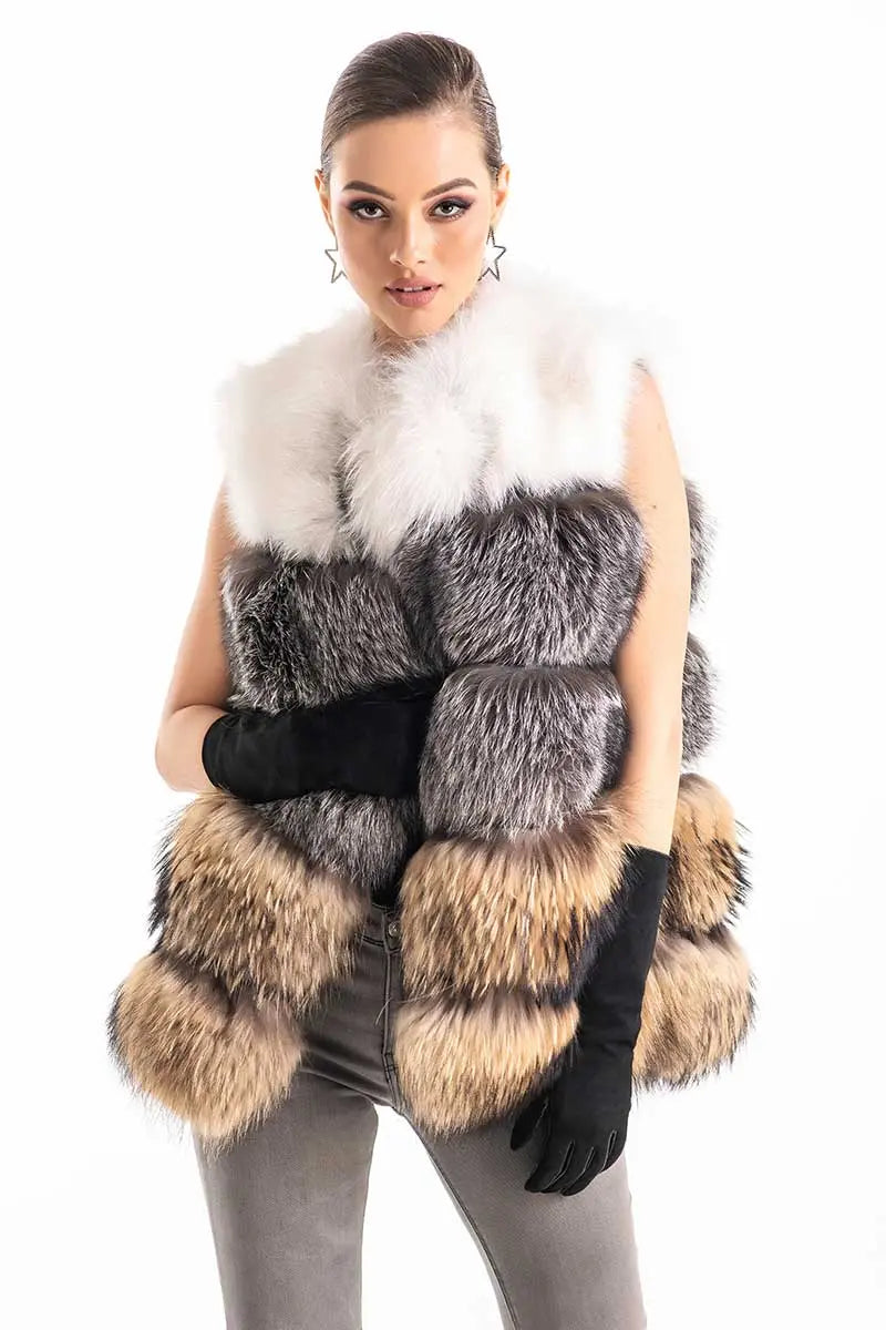 Multicolor Genuine Fox  and Raccoon Fur Vest-0