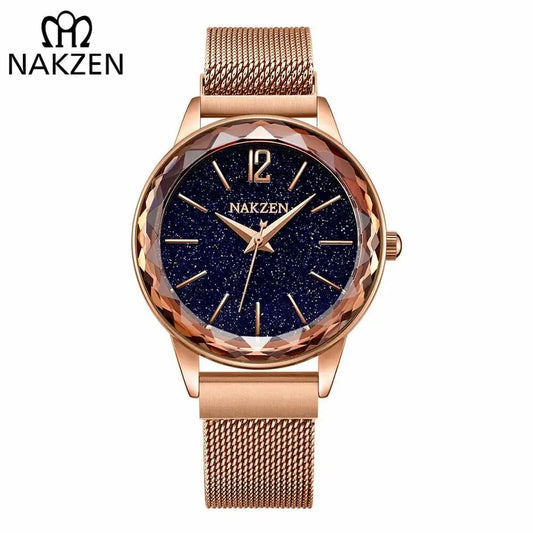 NAKZEN Rose Gold Women Watches Minimalism Starry sky Magnet Buckle Fashion Wristwatch Waterproof Roman Numeral reloj mujer-0